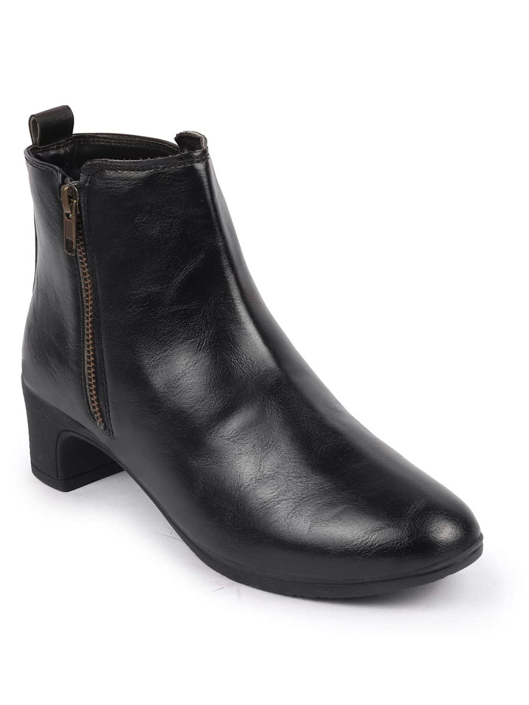 Women Black Mid Top Flared Heel Side Zipper Winter Classic Boots