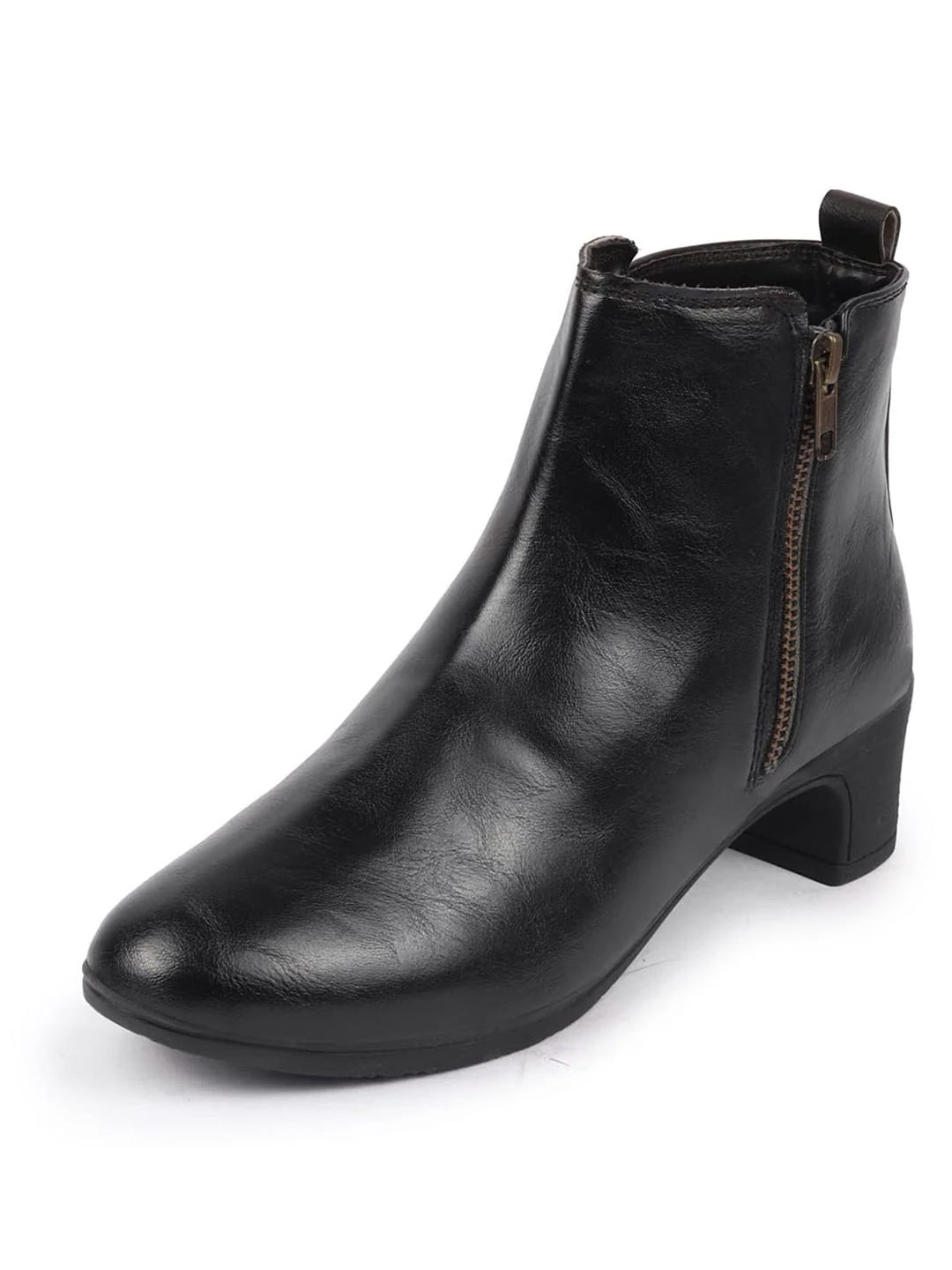 Women Black Mid Top Flared Heel Side Zipper Winter Classic Boots