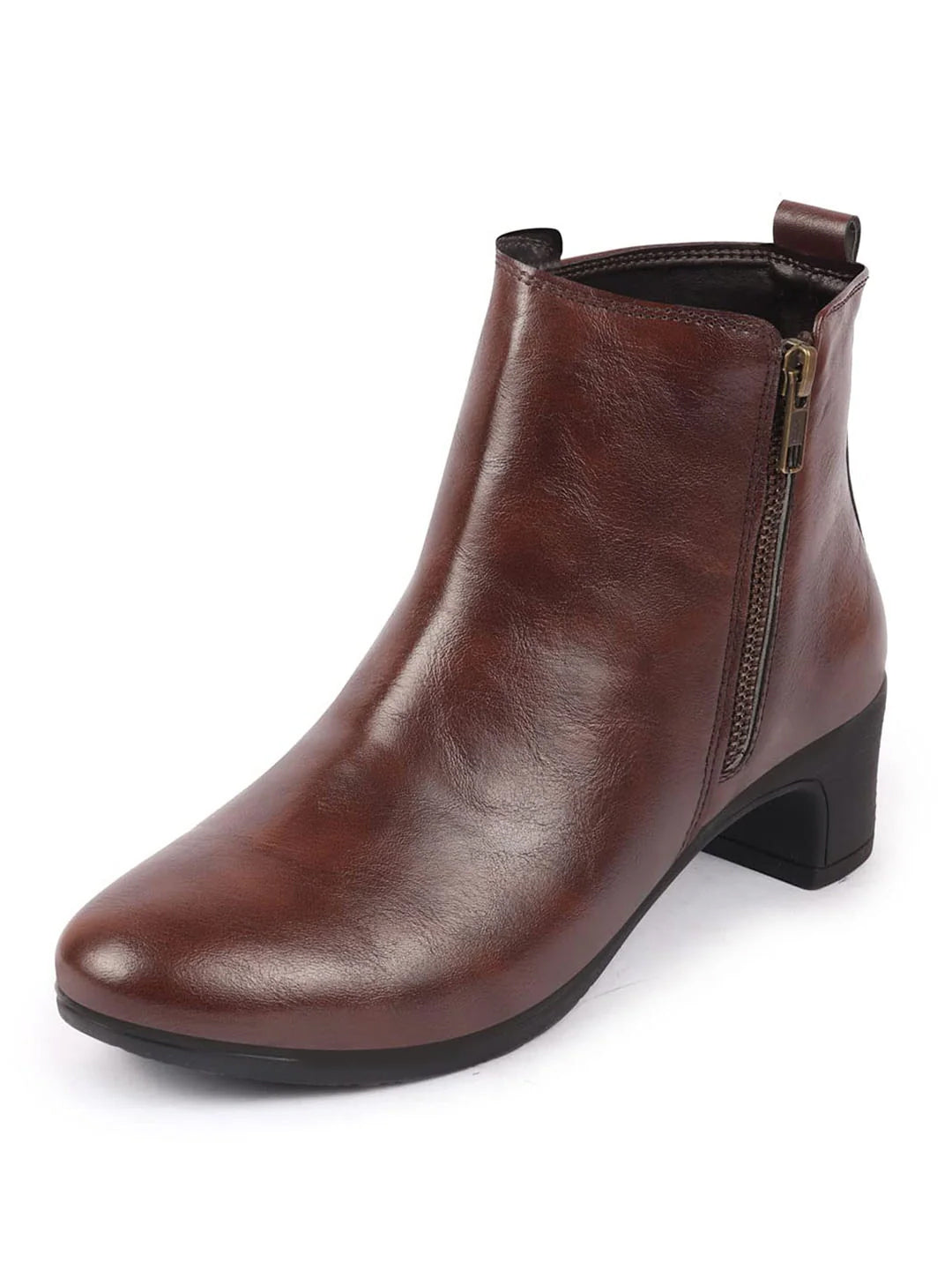 Shop Women Brown Mid Top Flared Heel Side Zipper Winter Classic Boots Online.