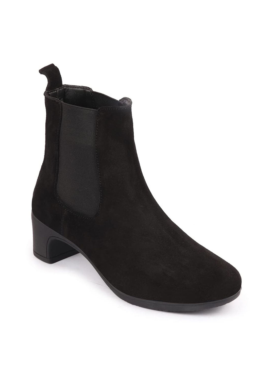 Women Black Flared Heel High Ankle Suede Leather Classic Winter Chelsea Boots