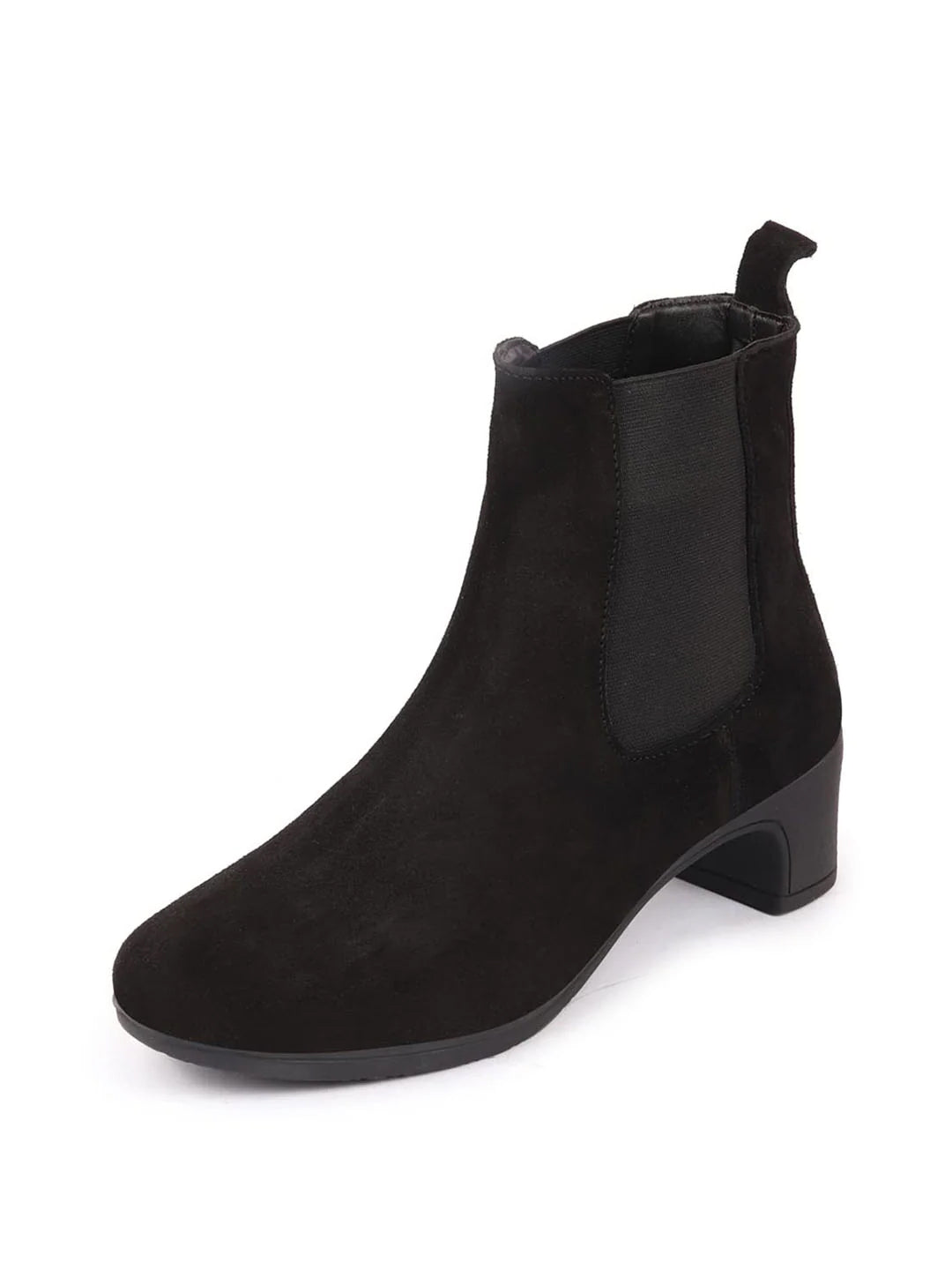 Women Black Flared Heel High Ankle Suede Leather Classic Winter Chelsea Boots