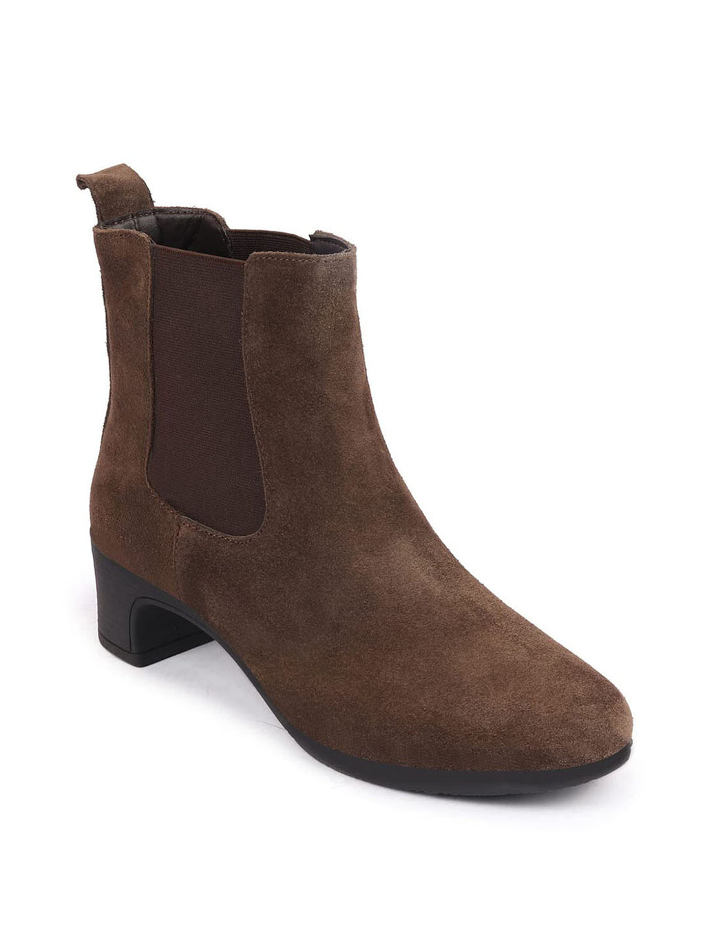 Shop Women Brown Flared Heel High Ankle Suede Leather Classic Winter Chelsea Boots Online.
