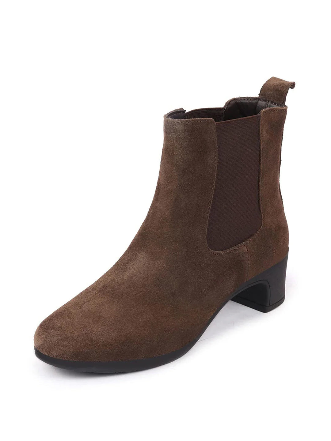 Shop Women Brown Flared Heel High Ankle Suede Leather Classic Winter Chelsea Boots Online.