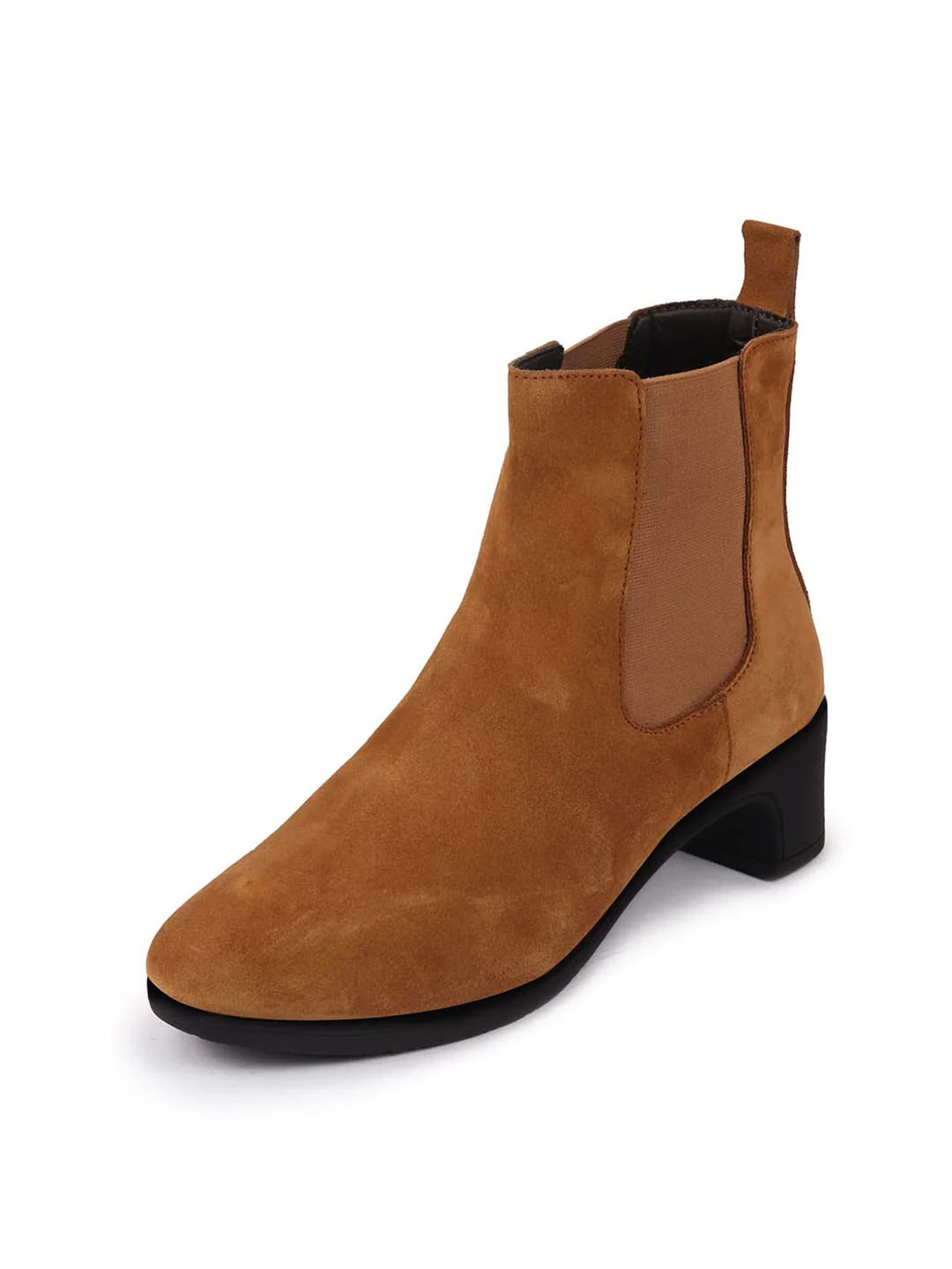 Women Camel Flared Heel High Ankle Suede Leather Classic Winter Chelsea Boots