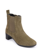Shop Women Olive Flared Heel High Ankle Suede Leather Classic Winter Chelsea Boots Online.