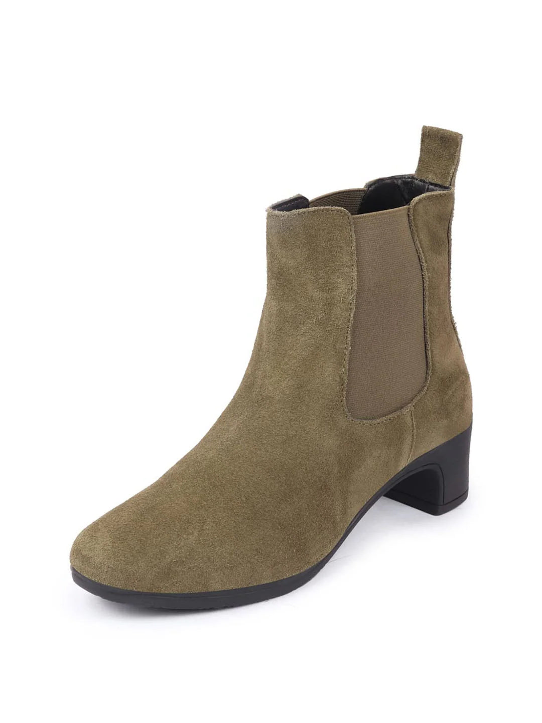 Shop Women Olive Flared Heel High Ankle Suede Leather Classic Winter Chelsea Boots Online.