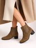 Women Olive Flared Heel High Ankle Suede Leather Classic Winter Chelsea Boots