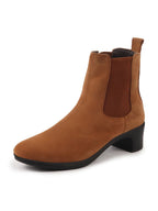 Shop Women Tan Flared Heel High Ankle Suede Leather Classic Winter Chelsea Boots Online.