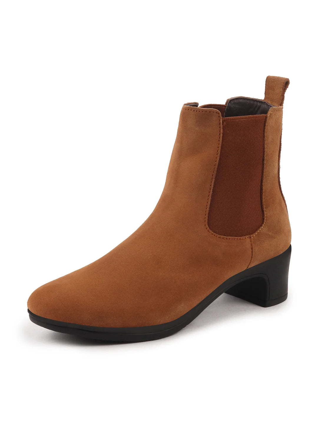Shop Women Tan Flared Heel High Ankle Suede Leather Classic Winter Chelsea Boots Online.