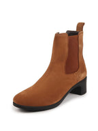 Shop Women Tan Flared Heel High Ankle Suede Leather Classic Winter Chelsea Boots Online.