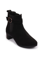 Women Black Flared Heel High Ankle Suede Leather Classic Winter Buckle Strap Chelsea Boots