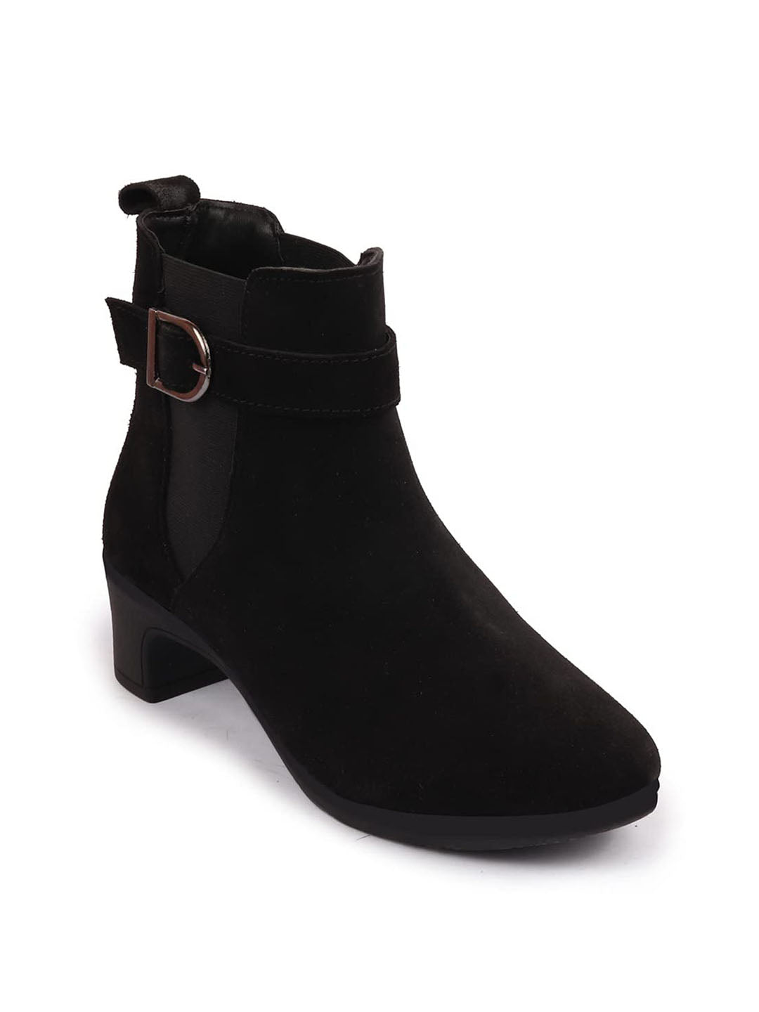 Women Black Flared Heel High Ankle Suede Leather Classic Winter Buckle Strap Chelsea Boots