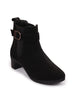 Women Black Flared Heel High Ankle Suede Leather Classic Winter Buckle Strap Chelsea Boots