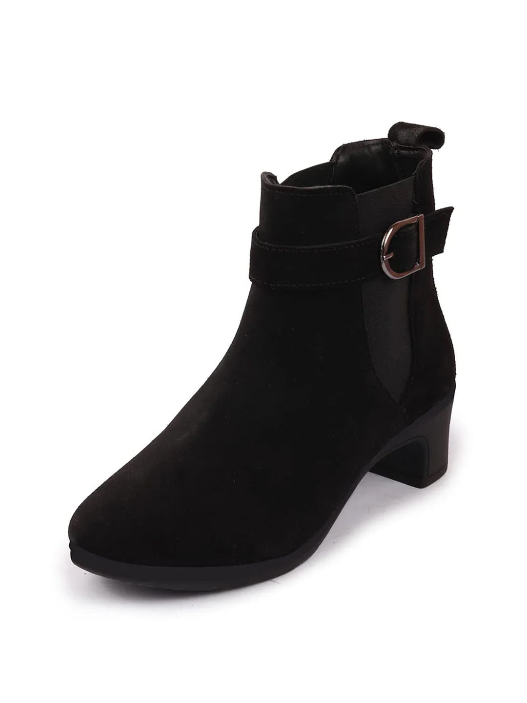 Women Black Flared Heel High Ankle Suede Leather Classic Winter Buckle Strap Chelsea Boots
