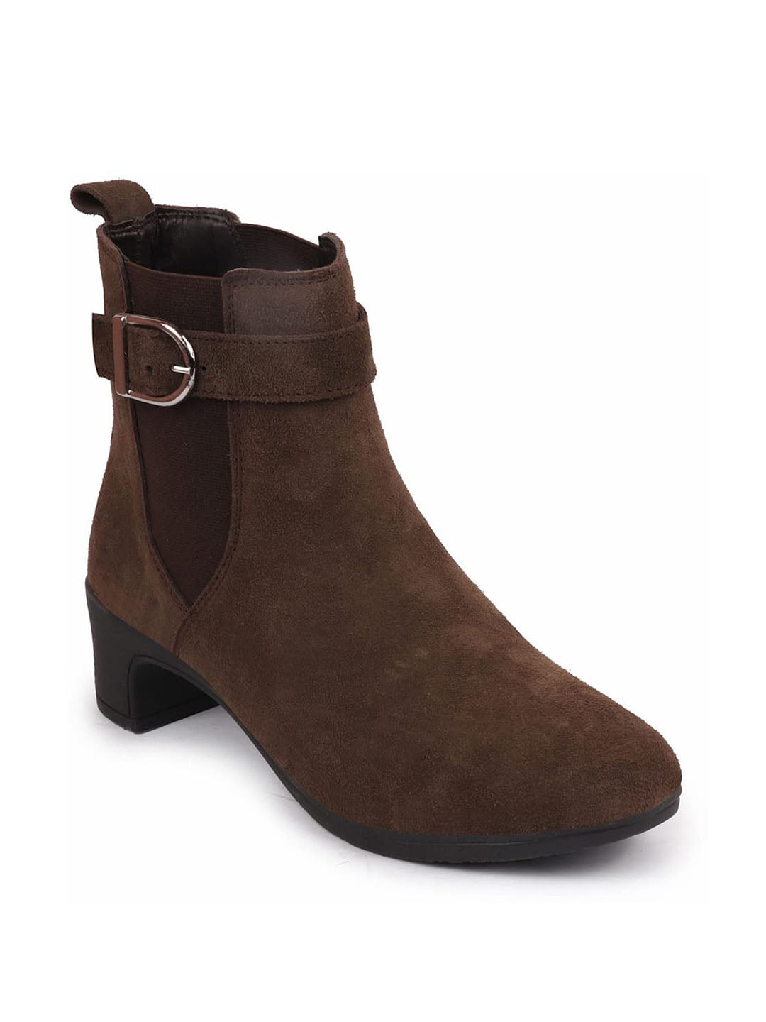 Shop Women Brown Flared Heel High Ankle Suede Leather Classic Winter Buckle Strap Chelsea Boots Online.