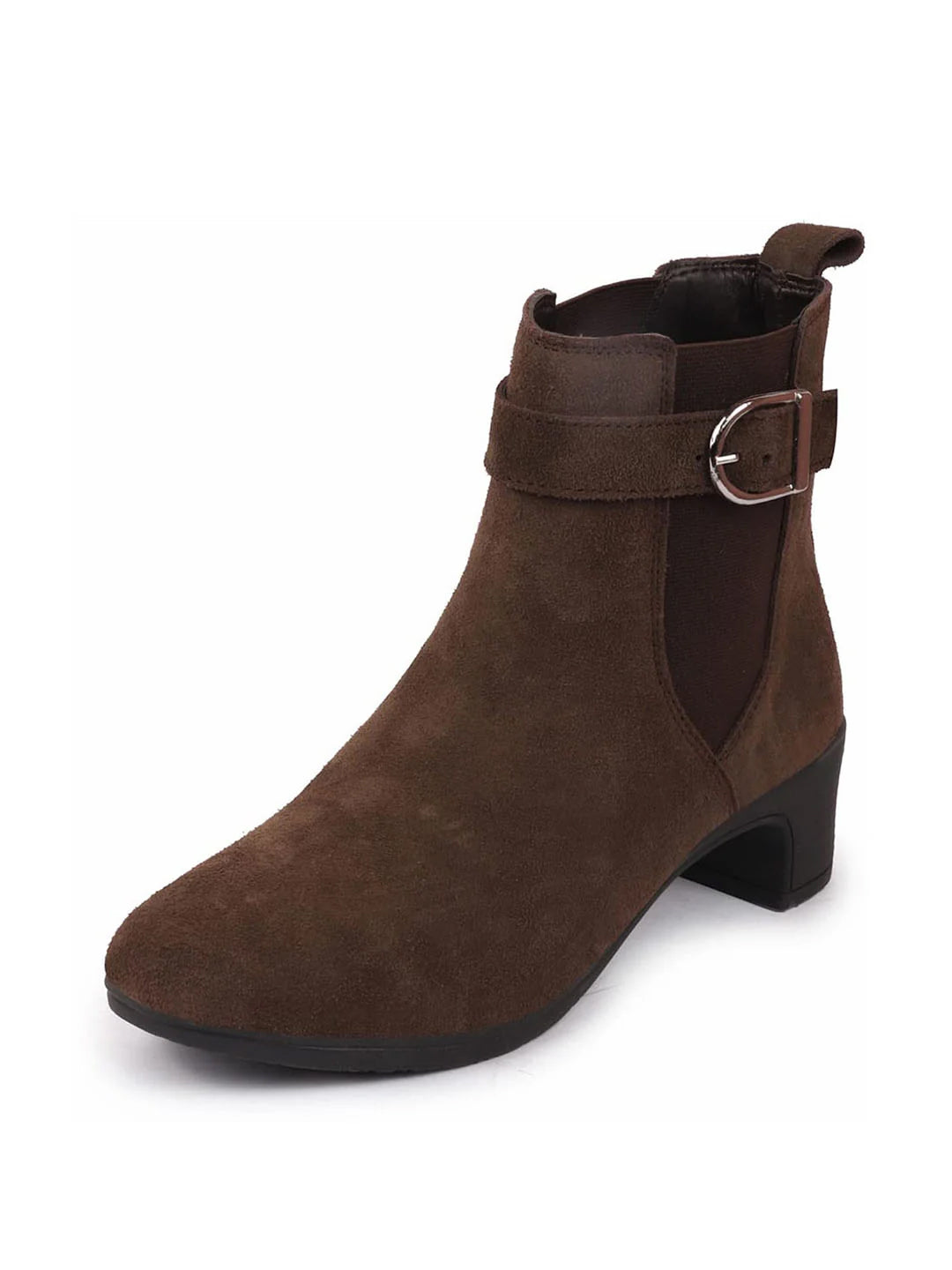 Shop Women Brown Flared Heel High Ankle Suede Leather Classic Winter Buckle Strap Chelsea Boots Online.
