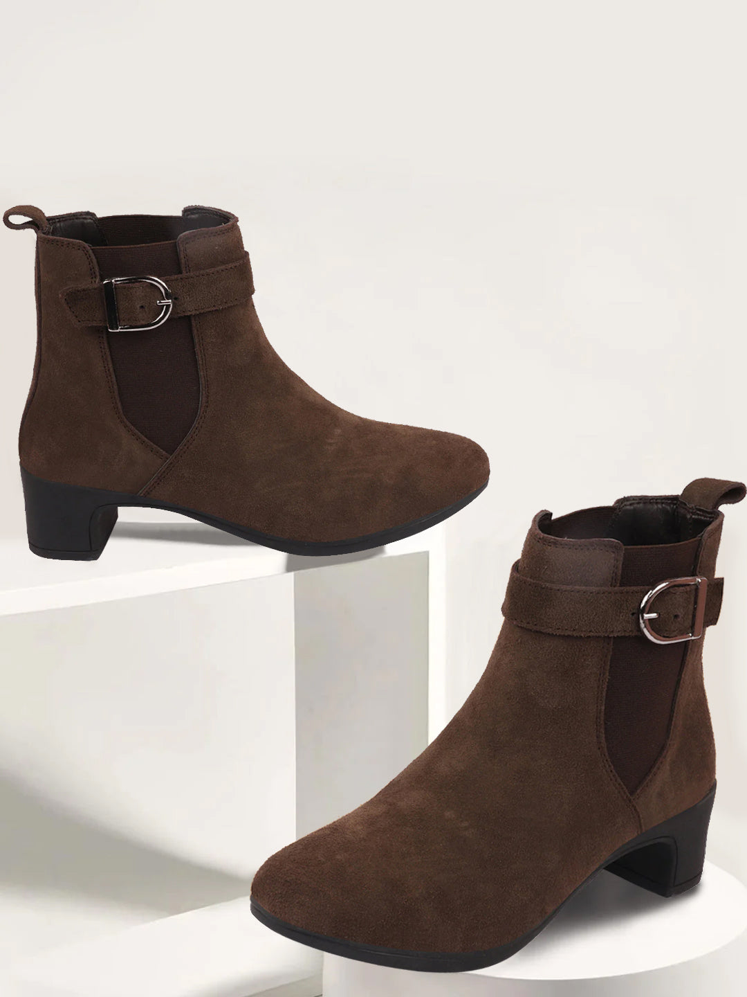 Shop Women Brown Flared Heel High Ankle Suede Leather Classic Winter Buckle Strap Chelsea Boots Online.
