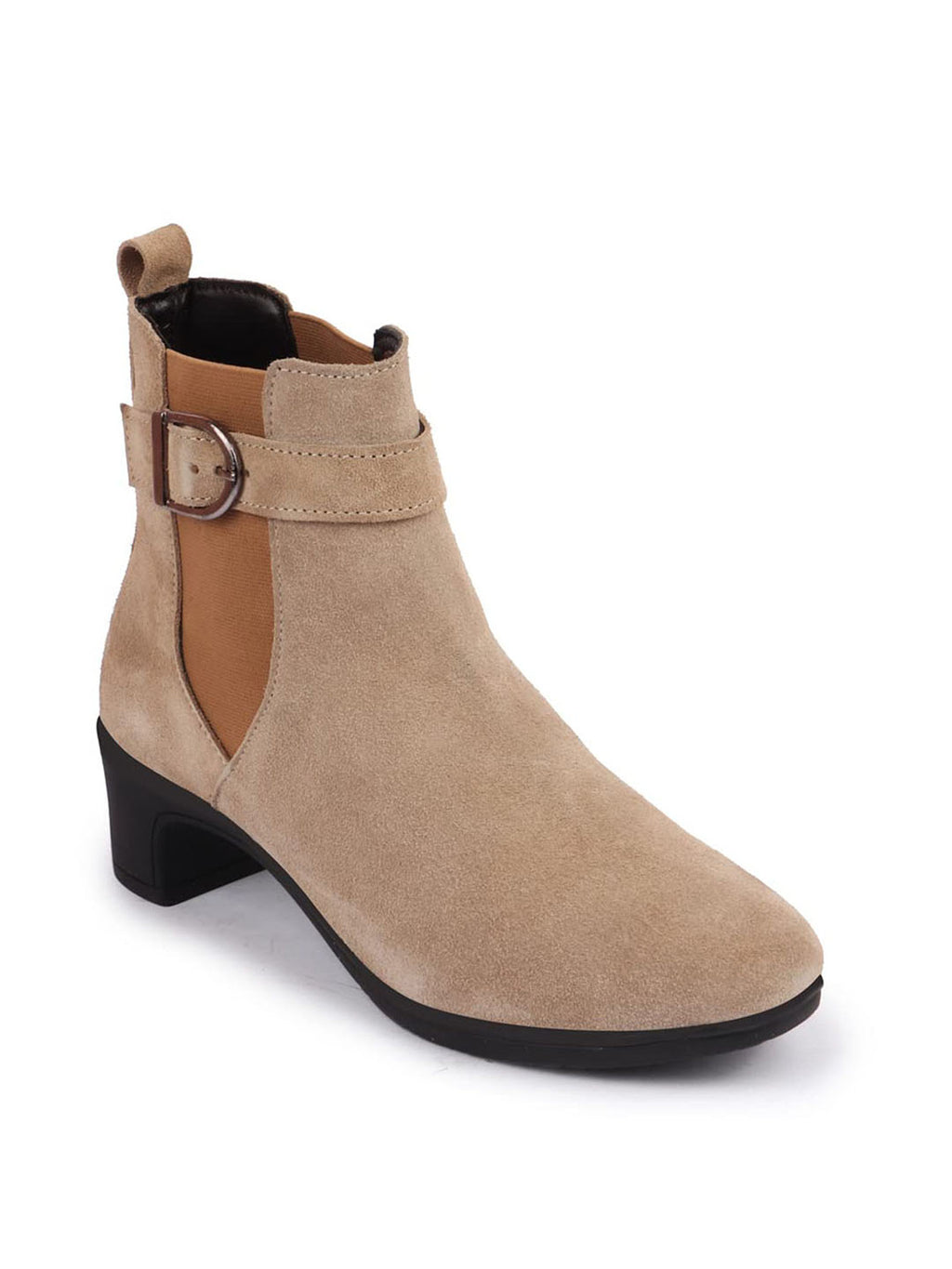 Shop Women Cheeku Flared Heel High Ankle Suede Leather Classic Winter Buckle Strap Chelsea Boots Online.