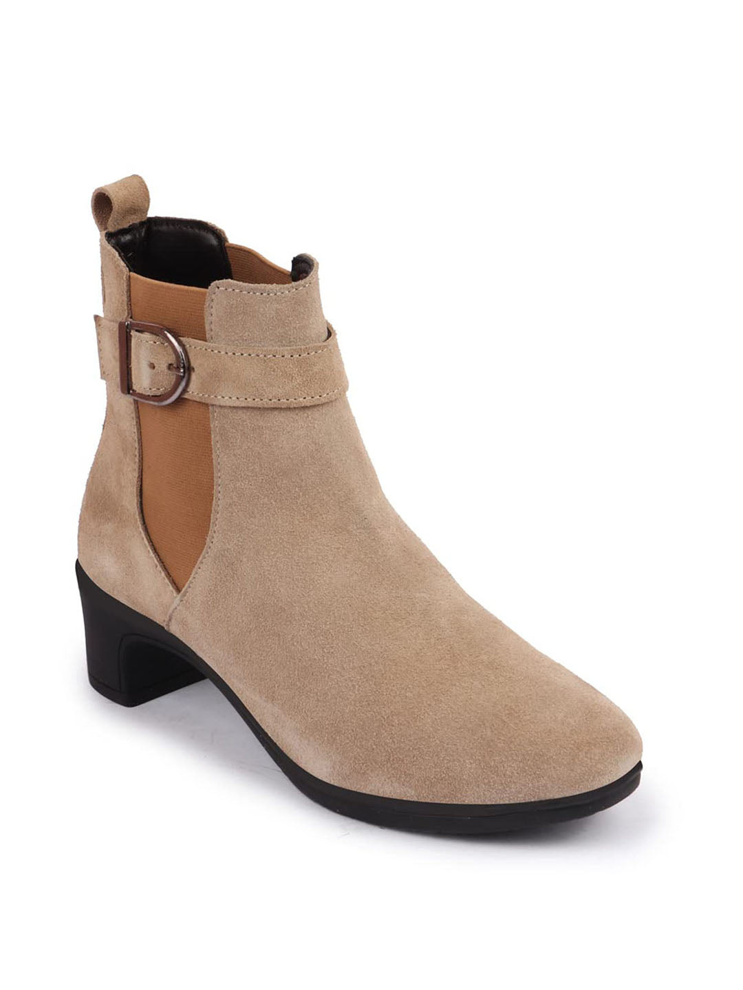 Shop Women Cheeku Flared Heel High Ankle Suede Leather Classic Winter Buckle Strap Chelsea Boots Online.