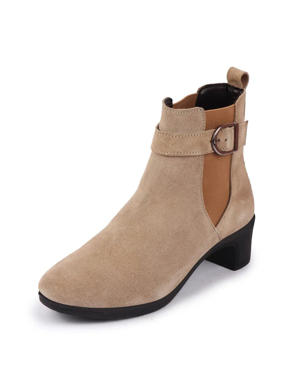 Shop Women Cheeku Flared Heel High Ankle Suede Leather Classic Winter Buckle Strap Chelsea Boots Online.