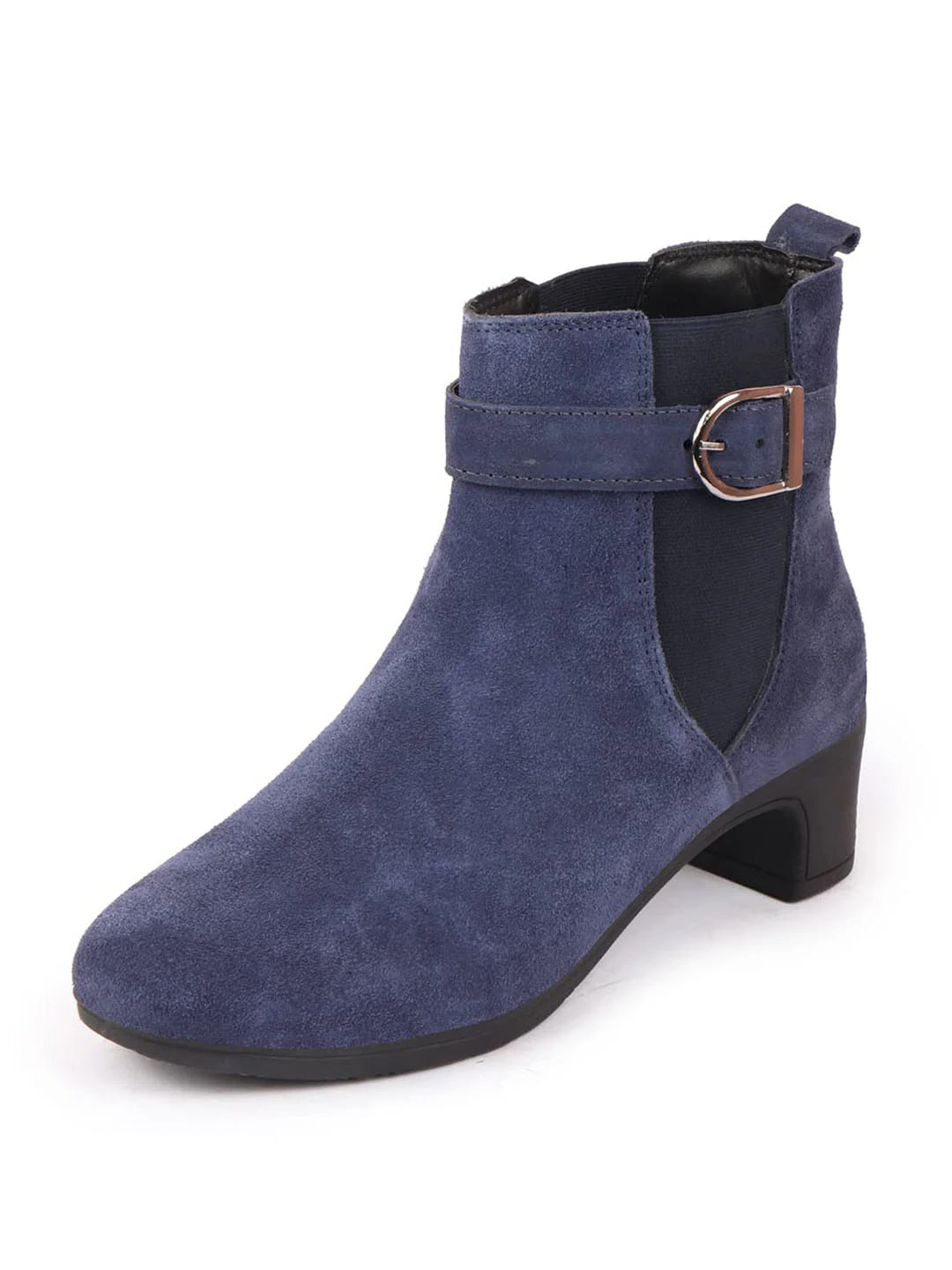 Shop Women Navy Flared Heel High Ankle Suede Leather Classic Winter Buckle Strap Chelsea Boots Online.