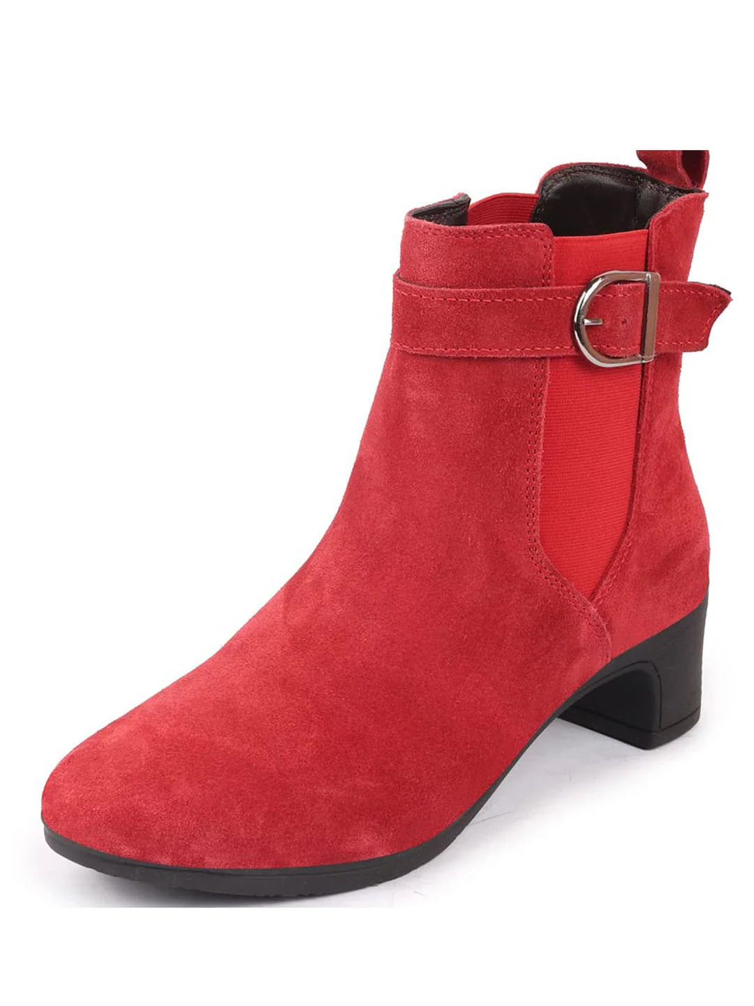 Shop Women Red Flared Heel High Ankle Suede Leather Classic Winter Buckle Strap Chelsea Boots Online.