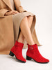 Women Red Flared Heel High Ankle Suede Leather Classic Winter Buckle Strap Chelsea Boots