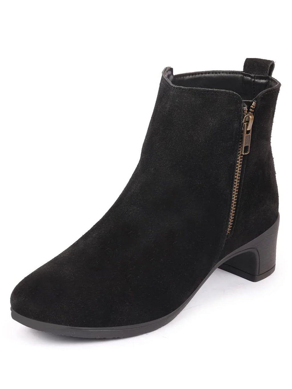 Shop Women Black Flared Heel Mid Top Suede Leather Zipper Closure Winter Chelsea Boots Online.