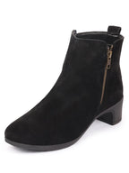 Shop Women Black Flared Heel Mid Top Suede Leather Zipper Closure Winter Chelsea Boots Online.