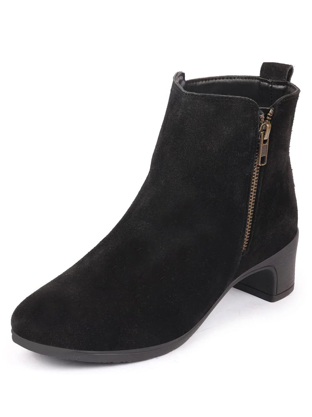 Shop Women Black Flared Heel Mid Top Suede Leather Zipper Closure Winter Chelsea Boots Online.