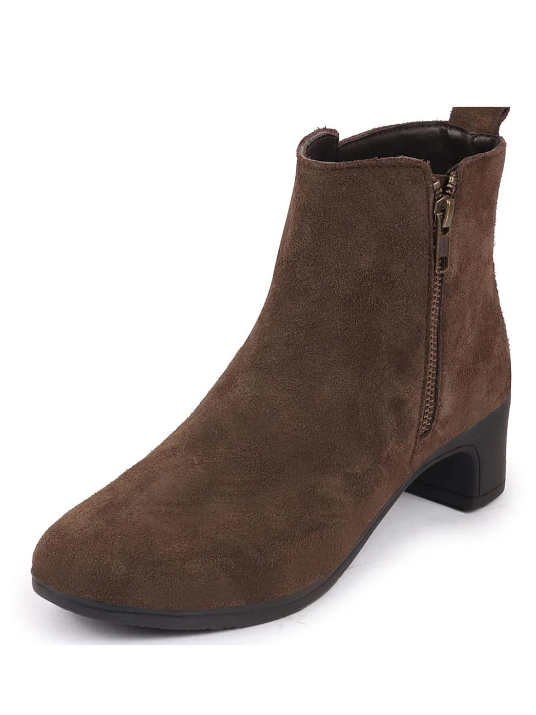 Shop Women Brown Flared Heel Mid Top Suede Leather Zipper Closure Winter Chelsea Boots Online.