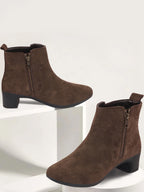 Shop Women Brown Flared Heel Mid Top Suede Leather Zipper Closure Winter Chelsea Boots Online.
