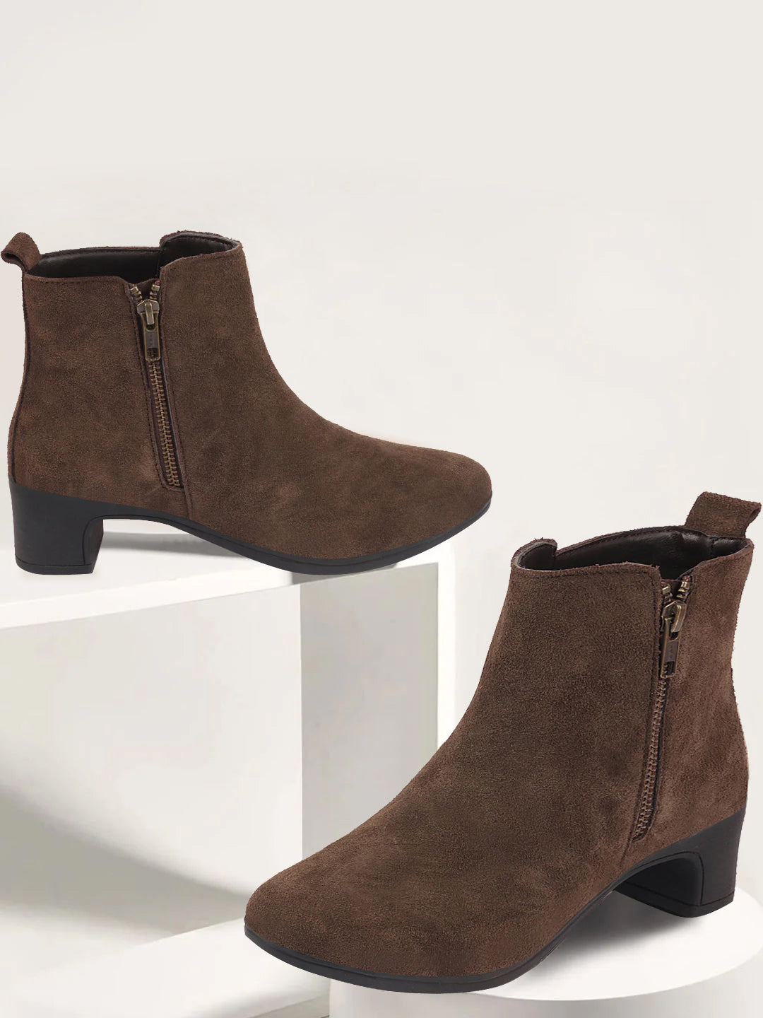 Shop Women Brown Flared Heel Mid Top Suede Leather Zipper Closure Winter Chelsea Boots Online.
