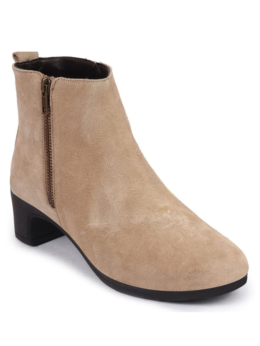Shop Women Cheeku Flared Heel Mid Top Suede Leather Zipper Closure Winter Chelsea Boots Online.