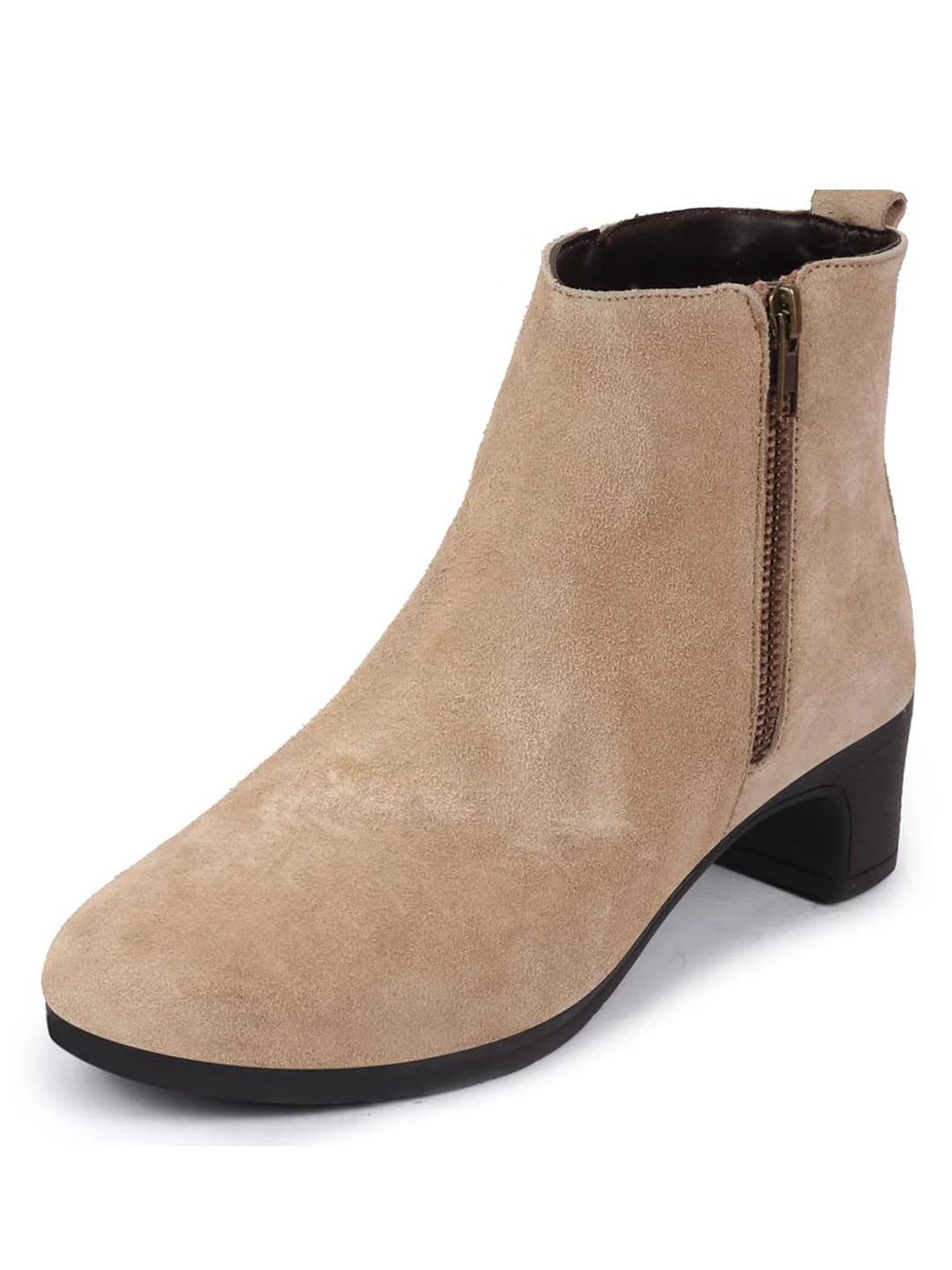 Shop Women Cheeku Flared Heel Mid Top Suede Leather Zipper Closure Winter Chelsea Boots Online.