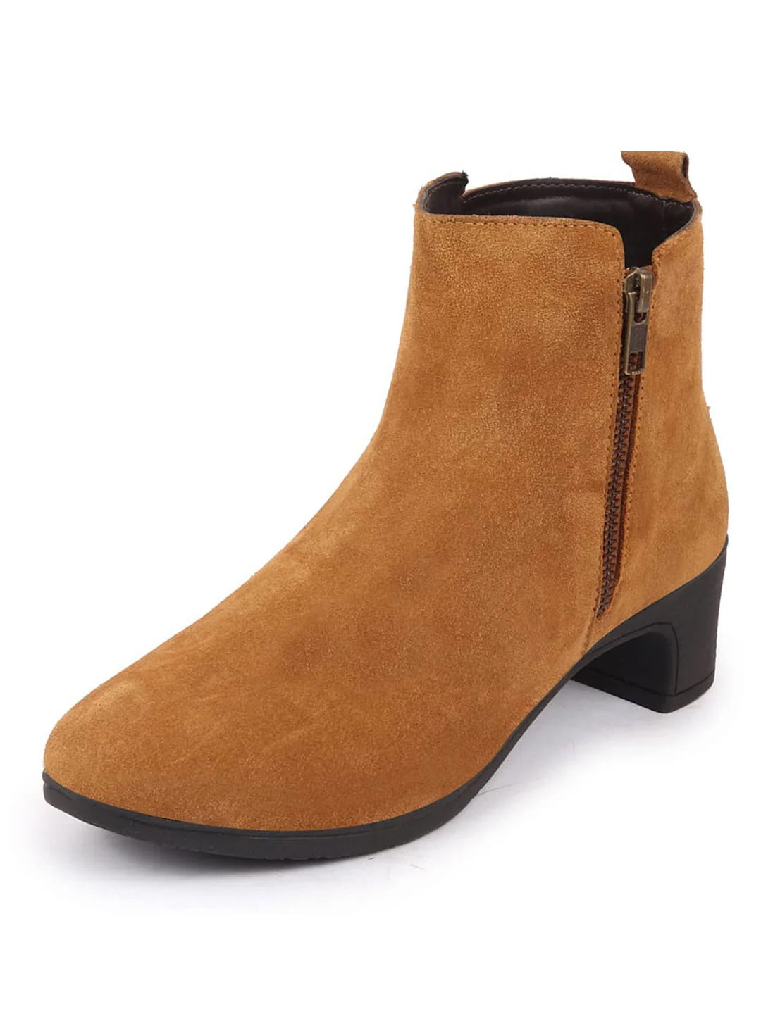 Shop Women Tan Flared Heel Mid Top Suede Leather Zipper Closure Winter Chelsea Boots Online.