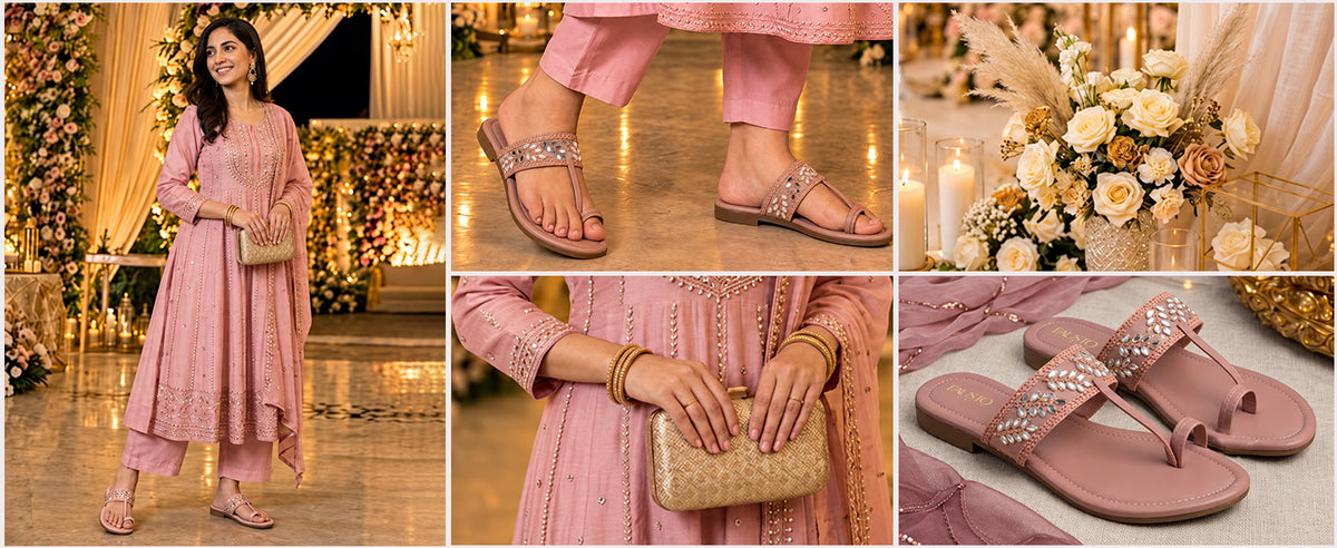 Women Pink Embellished Strap Toe Ring Ethnic Party Slip-On Flat Sandals|Festive Wedding Leaf Pearl Beads Strap Slippers for Traditional Outfits