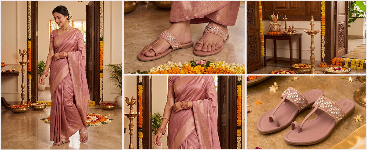 Women Pink Embellished Strap Toe Ring Ethnic Party Slip-On Flat Sandals|Festive Wedding Leaf Pearl Beads Strap Slippers for Traditional Outfits