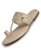 Women Beige Embellished Strap Toe Ring Ethnic Party Slip-On Flat Sandals|Festive Wedding Leaf Pearl Beads Strap Slippers for Traditional Outfits