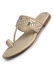 Women Beige Embellished Strap Toe Ring Ethnic Party Slip-On Flat Sandals|Festive Wedding Leaf Pearl Beads Strap Slippers for Traditional Outfits