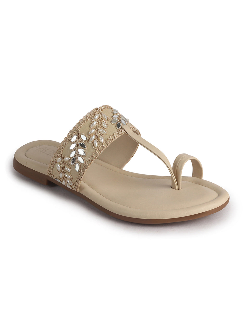 Women Beige Embellished Strap Toe Ring Ethnic Party Slip-On Flat Sandals|Festive Wedding Leaf Pearl Beads Strap Slippers for Traditional Outfits