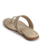 Women Beige Embellished Strap Toe Ring Ethnic Party Slip-On Flat Sandals|Festive Wedding Leaf Pearl Beads Strap Slippers for Traditional Outfits