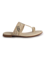 Women Beige Embellished Strap Toe Ring Ethnic Party Slip-On Flat Sandals|Festive Wedding Leaf Pearl Beads Strap Slippers for Traditional Outfits