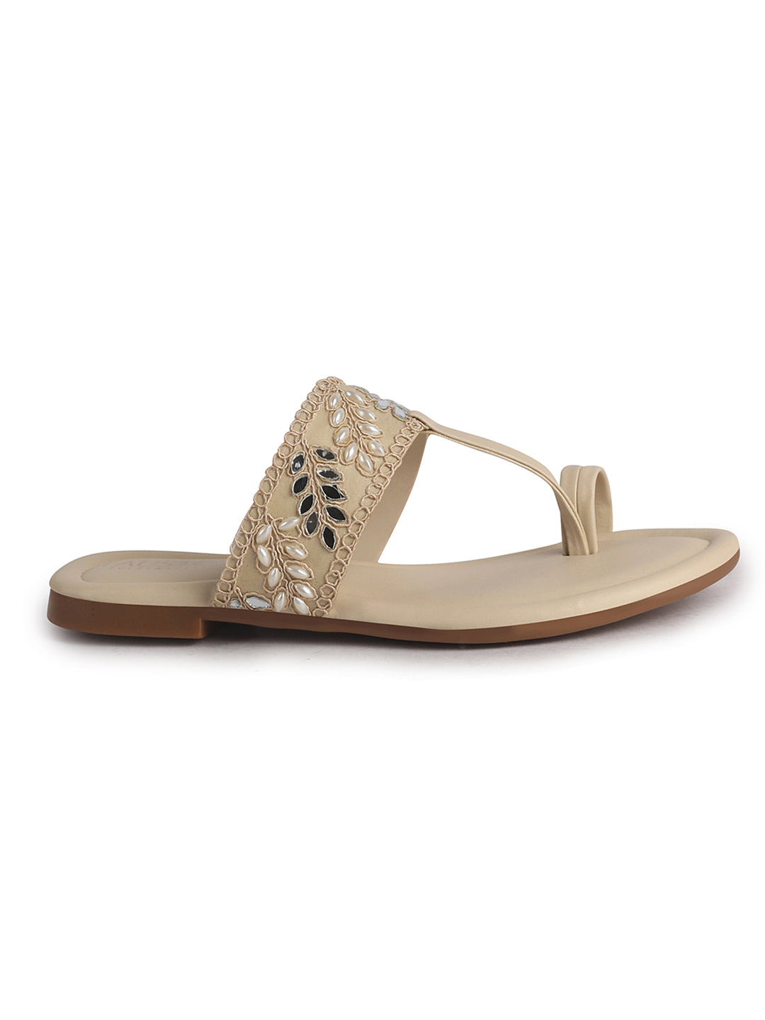 Women Beige Embellished Strap Toe Ring Ethnic Party Slip-On Flat Sandals|Festive Wedding Leaf Pearl Beads Strap Slippers for Traditional Outfits