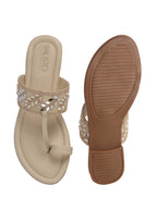 Women Beige Embellished Strap Toe Ring Ethnic Party Slip-On Flat Sandals|Festive Wedding Leaf Pearl Beads Strap Slippers for Traditional Outfits