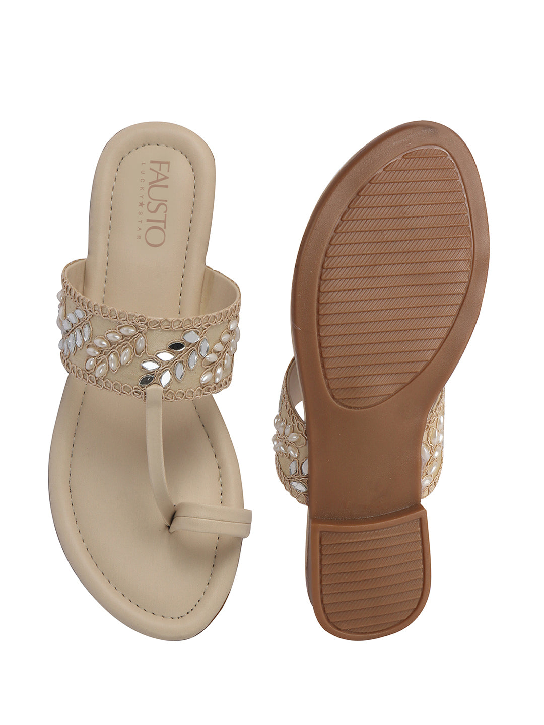 Women Beige Embellished Strap Toe Ring Ethnic Party Slip-On Flat Sandals|Festive Wedding Leaf Pearl Beads Strap Slippers for Traditional Outfits