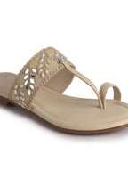 Women Beige Embellished Strap Toe Ring Ethnic Party Slip-On Flat Sandals|Festive Wedding Leaf Pearl Beads Strap Slippers for Traditional Outfits