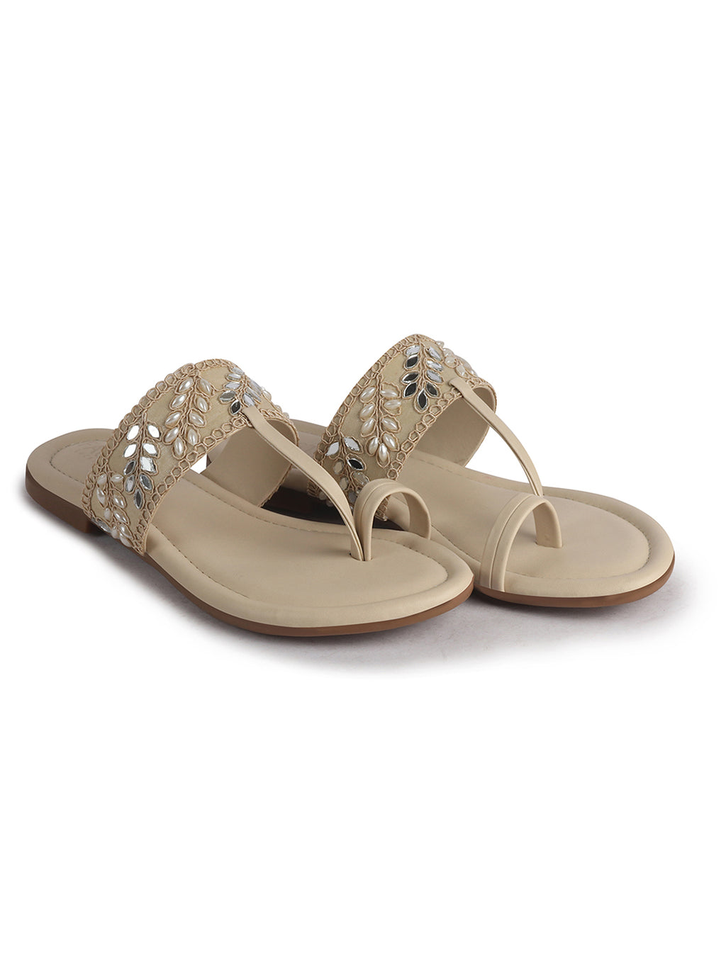 Women Beige Embellished Strap Toe Ring Ethnic Party Slip-On Flat Sandals|Festive Wedding Leaf Pearl Beads Strap Slippers for Traditional Outfits