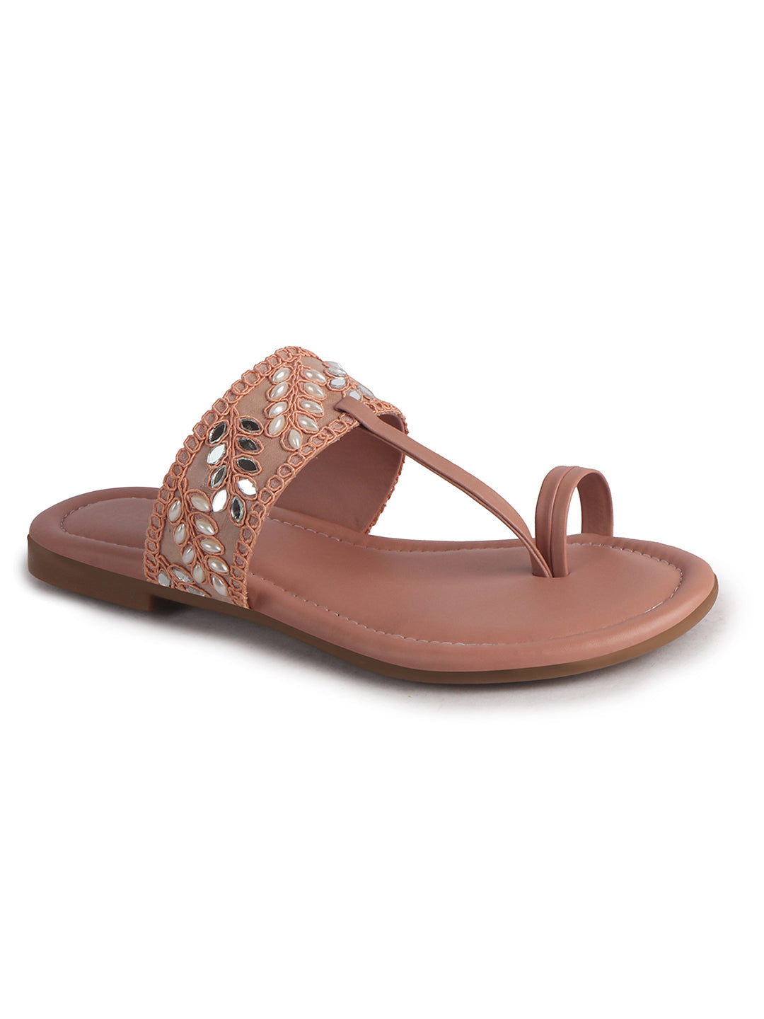 Women Pink Embellished Strap Toe Ring Ethnic Party Slip-On Flat Sandals|Festive Wedding Leaf Pearl Beads Strap Slippers for Traditional Outfits