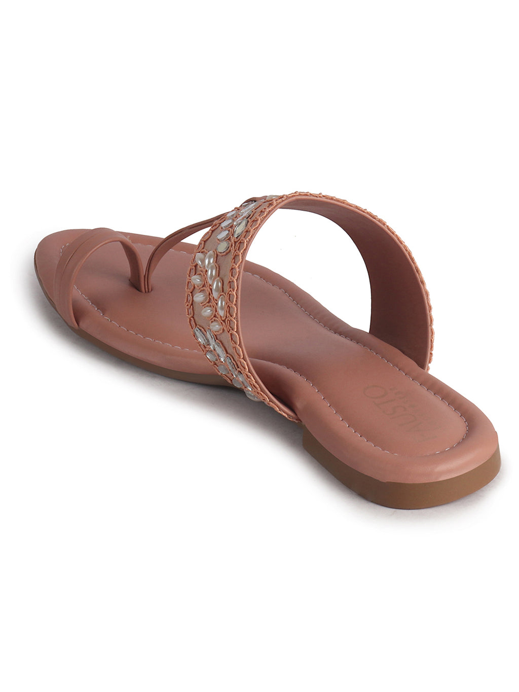 Women Pink Embellished Strap Toe Ring Ethnic Party Slip-On Flat Sandals|Festive Wedding Leaf Pearl Beads Strap Slippers for Traditional Outfits